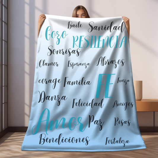 Spanish positive words  Ombre blue and blanke and blue letters blanket Faith Home Decor.